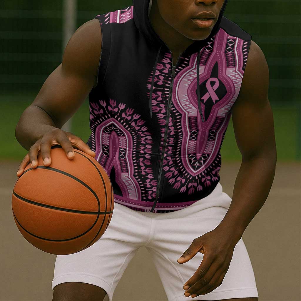 Breast Cancer Awareness Pink Ribbon Afro Sleeveless Zip Hoodie Dashiki Style - African Pride