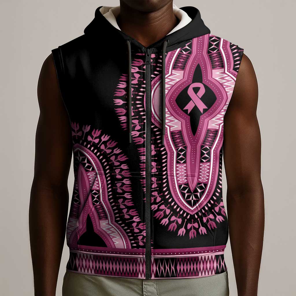 Breast Cancer Awareness Pink Ribbon Afro Sleeveless Zip Hoodie Dashiki Style - African Pride