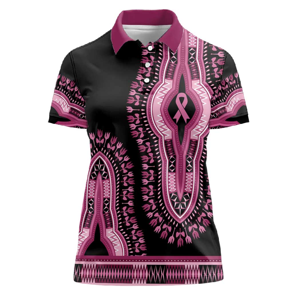 Breast Cancer Awareness Pink Ribbon Afro Women Polo Shirt Dashiki Style - African Pride