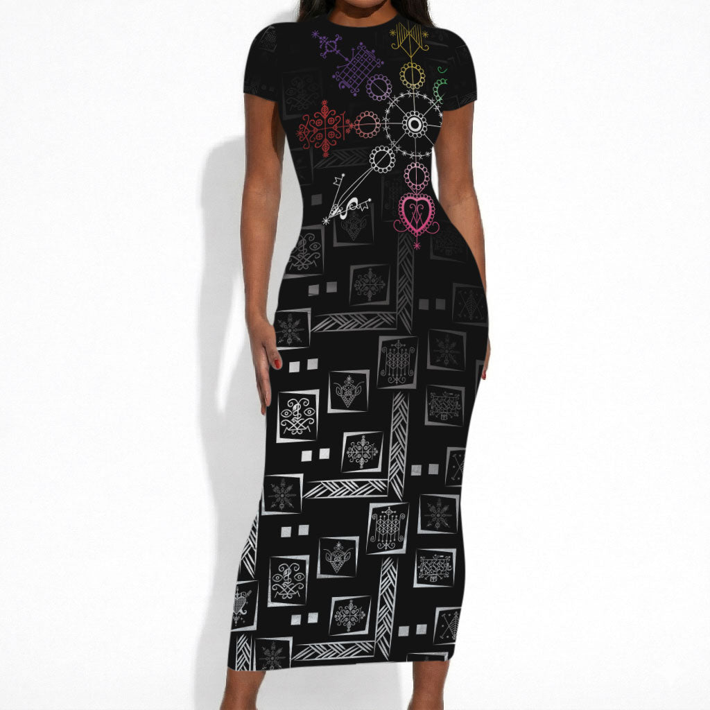 Afro Haiti Vodou Milokan Short Sleeve Bodycon Dress