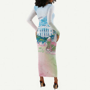 Chucks N Pearls 2024 Long Sleeve Bodycon Dress Pink Green Rocking The World LT7