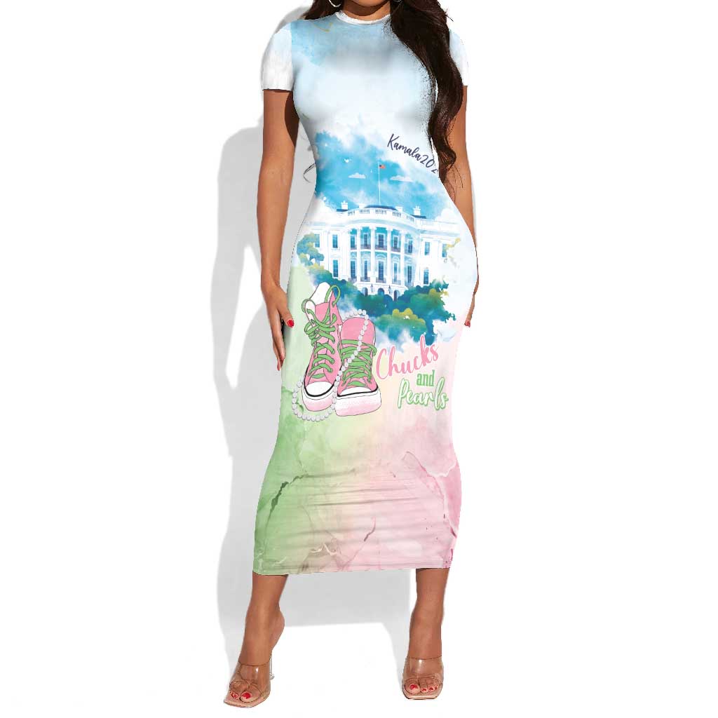 Chucks N Pearls 2024 Short Sleeve Bodycon Dress Pink Green Rocking The World LT7