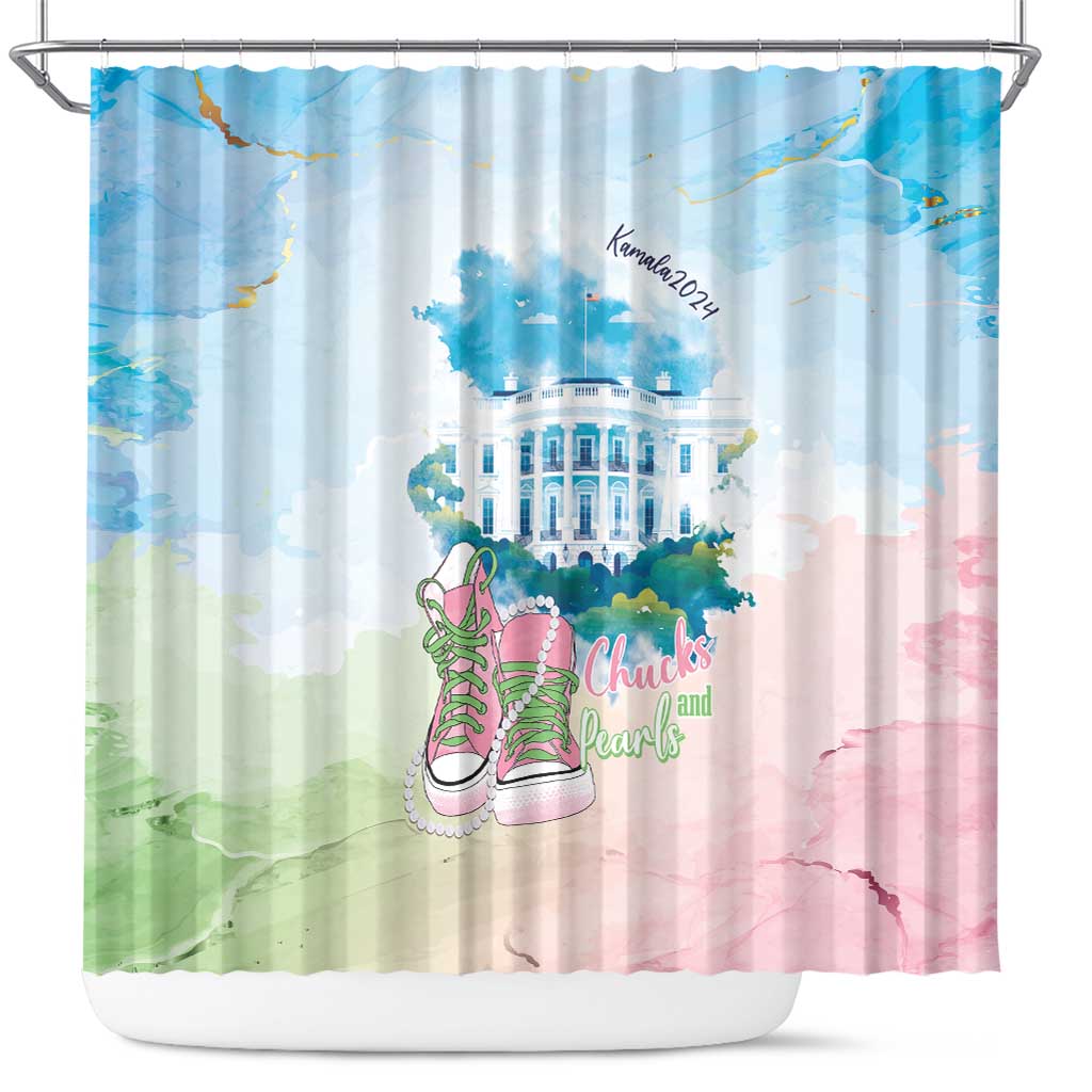 Chucks N Pearls 2024 Shower Curtain Pink Green Rocking The World