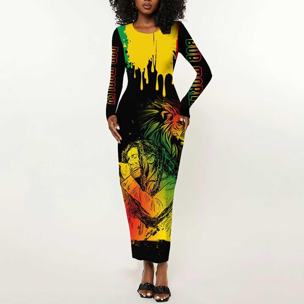 Jamaica Reggae King Long Sleeve Bodycon Dress Sketch Style One Love