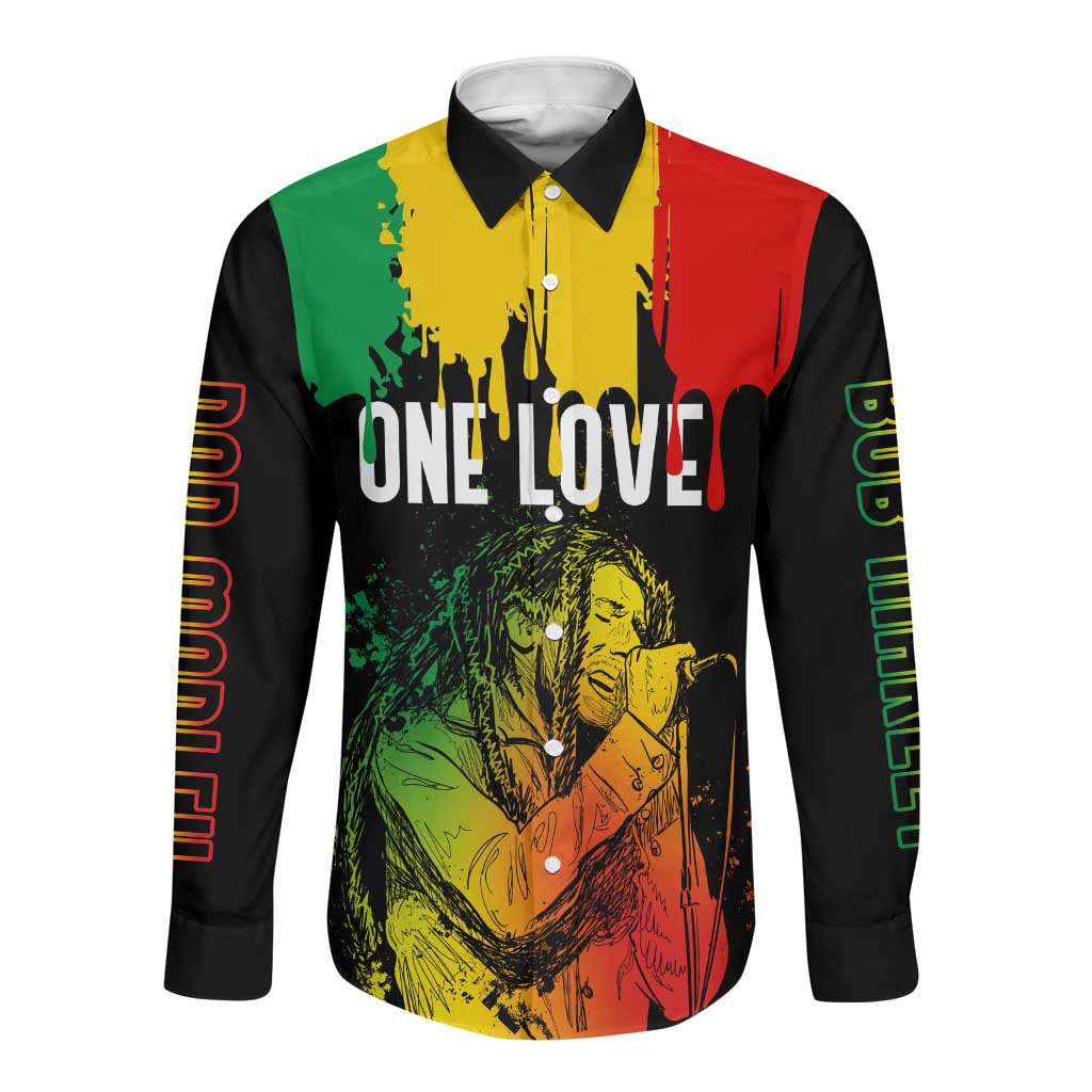 Jamaica Reggae King Long Sleeve Button Shirt Sketch Style One Love