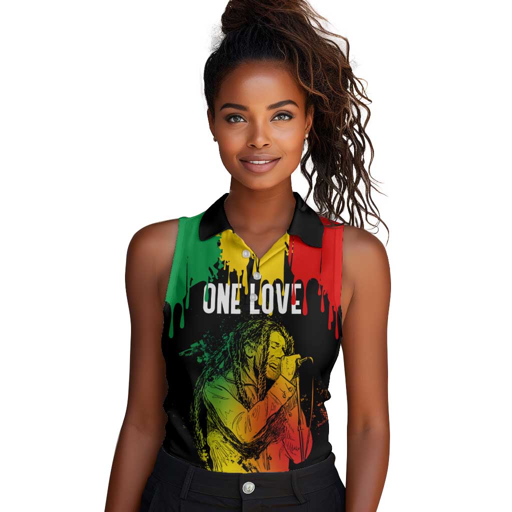 Jamaica Reggae King Women Sleeveless Polo Shirt Sketch Style One Love