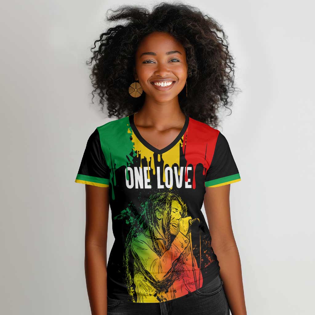 Jamaica Reggae King Women V-Neck T-Shirt Sketch Style One Love