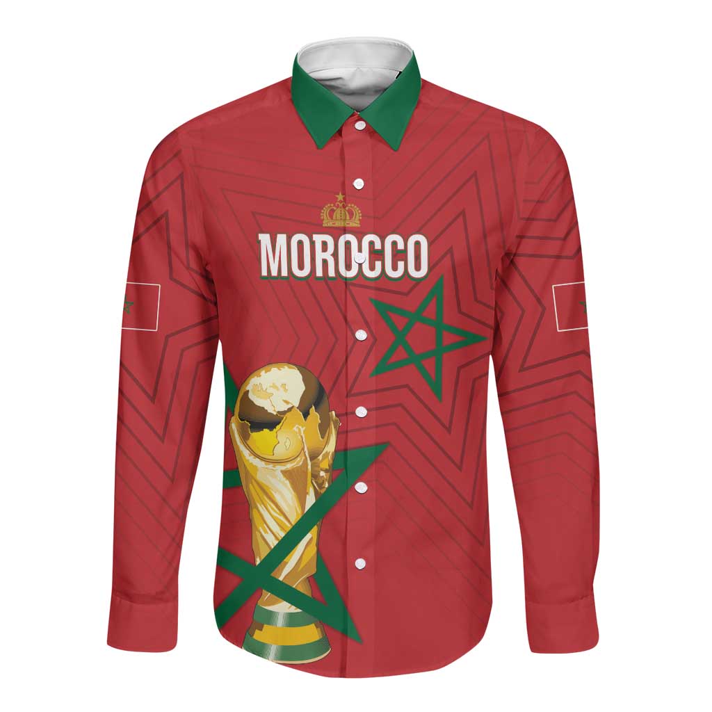 Morocco Football WC2026 Custom Long Sleeve Button Shirt Atlas Lions - Conquer The World - African Pride