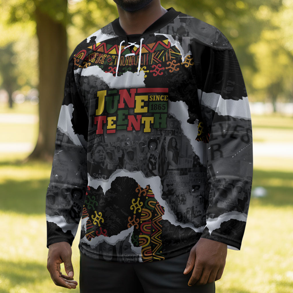Juneteenth Freedom Day Personalized Grunge Ethnic Motif Hockey Jersey Black History