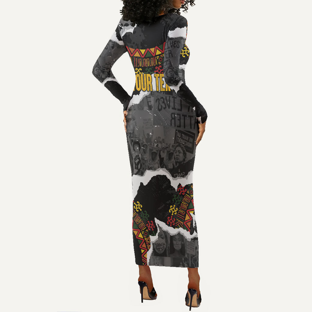 Juneteenth Freedom Day Personalized Grunge Ethnic Motif Long Sleeve Bodycon Dress Black History