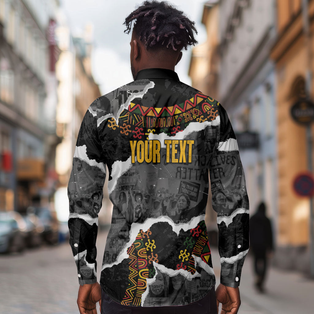 Juneteenth Freedom Day Personalized Grunge Ethnic Motif Long Sleeve Button Shirt Black History