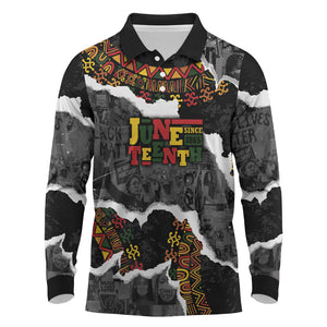 Juneteenth Freedom Day Personalized Grunge Ethnic Motif Long Sleeve Polo Shirt Black History