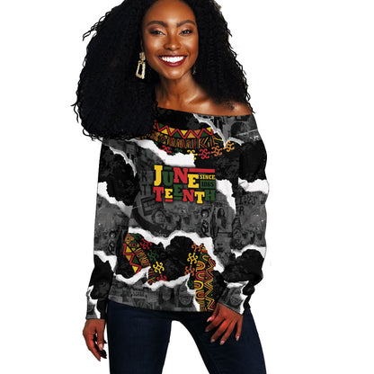 Juneteenth Freedom Day Personalized Grunge Ethnic Motif Off Shoulder Sweater Black History
