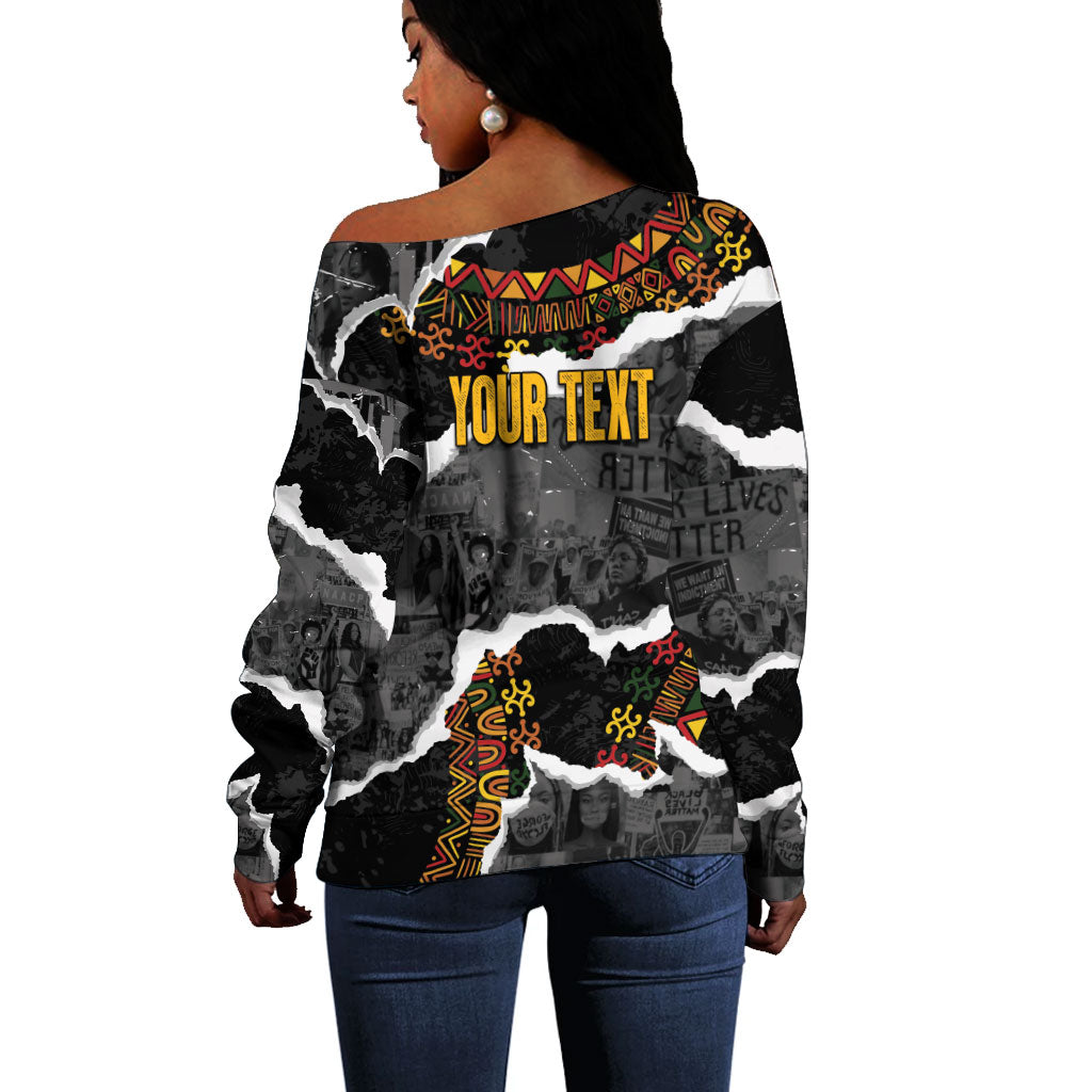 Juneteenth Freedom Day Personalized Grunge Ethnic Motif Off Shoulder Sweater Black History