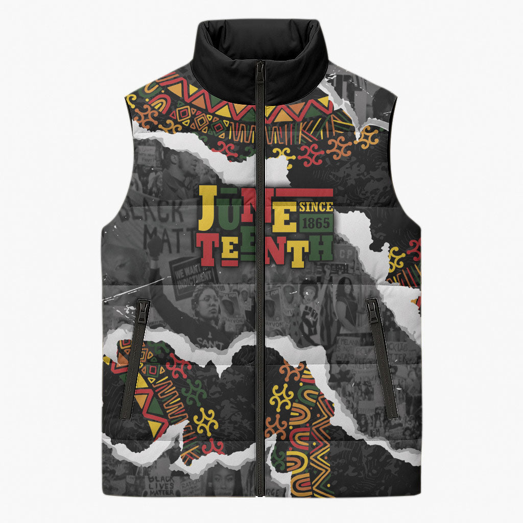 Juneteenth Freedom Day Personalized Grunge Ethnic Motif Sleeveless Puffer Jacket Black History