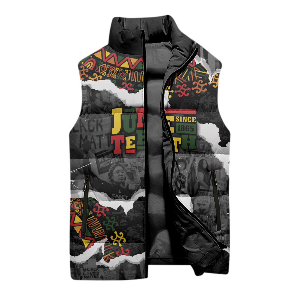 Juneteenth Freedom Day Personalized Grunge Ethnic Motif Sleeveless Puffer Jacket Black History