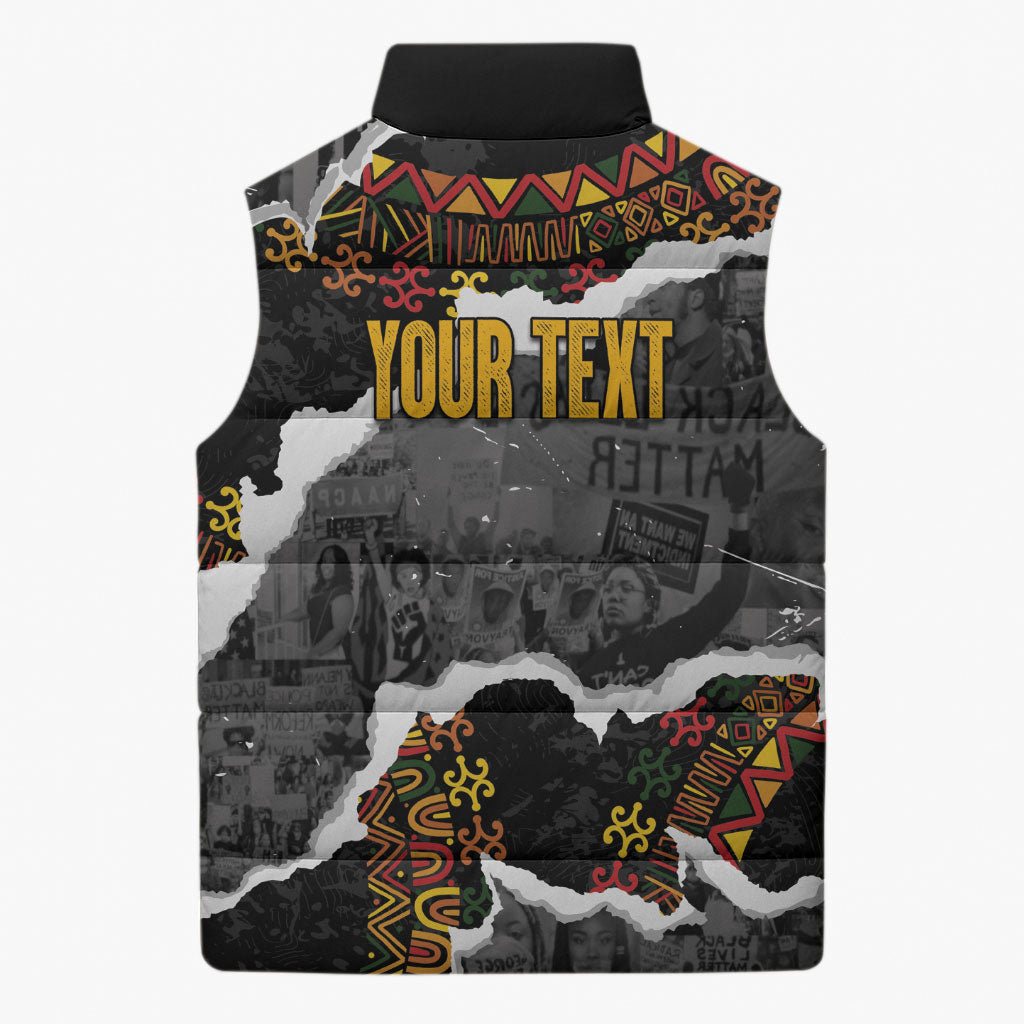 Juneteenth Freedom Day Personalized Grunge Ethnic Motif Sleeveless Puffer Jacket Black History