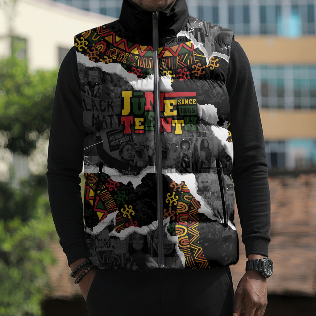 Juneteenth Freedom Day Personalized Grunge Ethnic Motif Sleeveless Puffer Jacket Black History