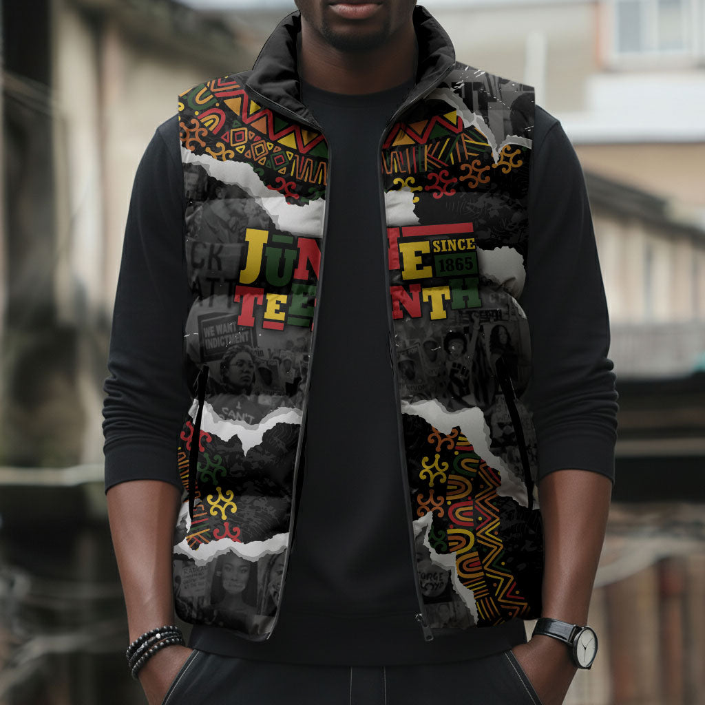 Juneteenth Freedom Day Personalized Grunge Ethnic Motif Sleeveless Puffer Jacket Black History