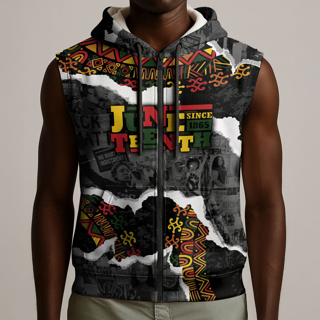 Juneteenth Freedom Day Personalized Grunge Ethnic Motif Sleeveless Zip Hoodie Black History