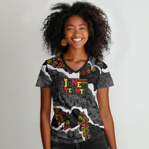 Juneteenth Freedom Day Personalized Grunge Ethnic Motif Women V-Neck T-Shirt Black History
