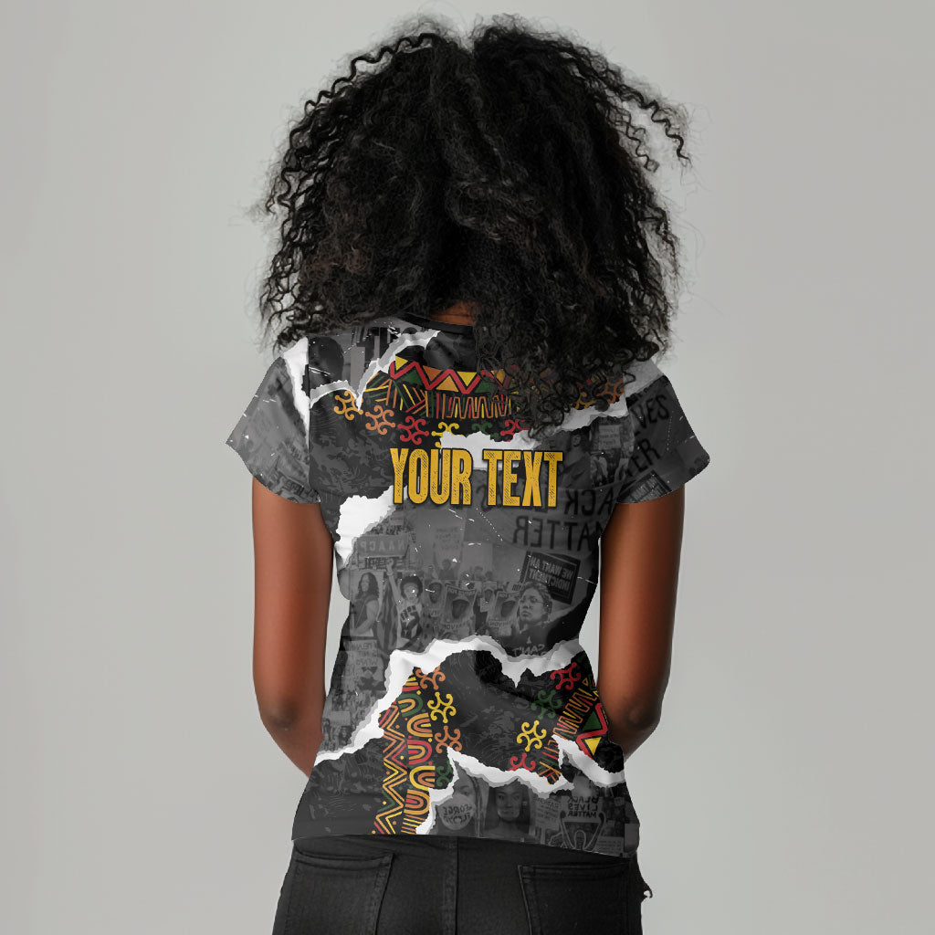 Juneteenth Freedom Day Personalized Grunge Ethnic Motif Women V-Neck T-Shirt Black History