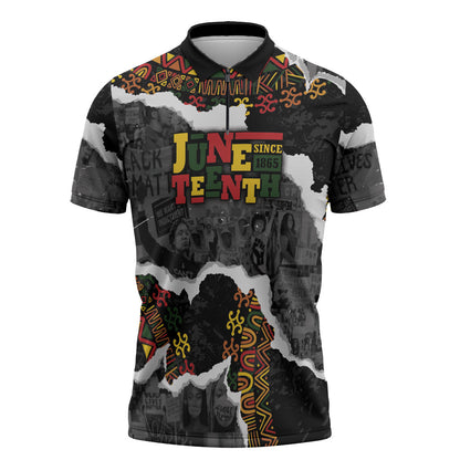 Juneteenth Freedom Day Personalized Grunge Ethnic Motif Zipper Polo Shirt Black History