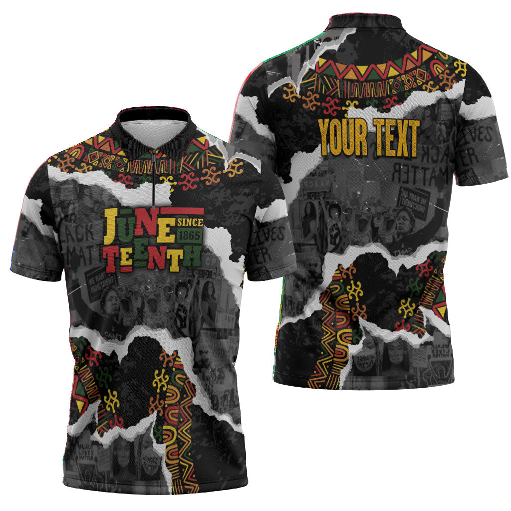Juneteenth Freedom Day Personalized Grunge Ethnic Motif Zipper Polo Shirt Black History