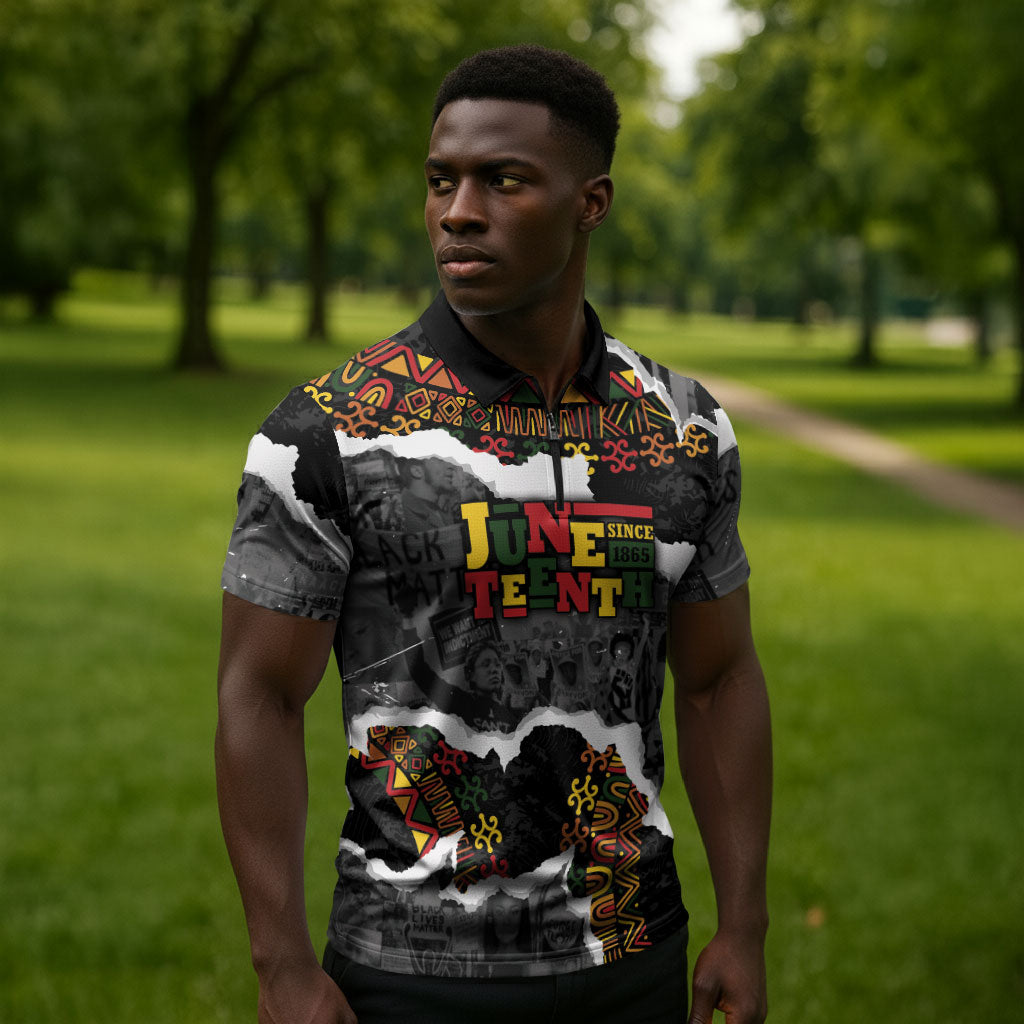 Juneteenth Freedom Day Personalized Grunge Ethnic Motif Zipper Polo Shirt Black History
