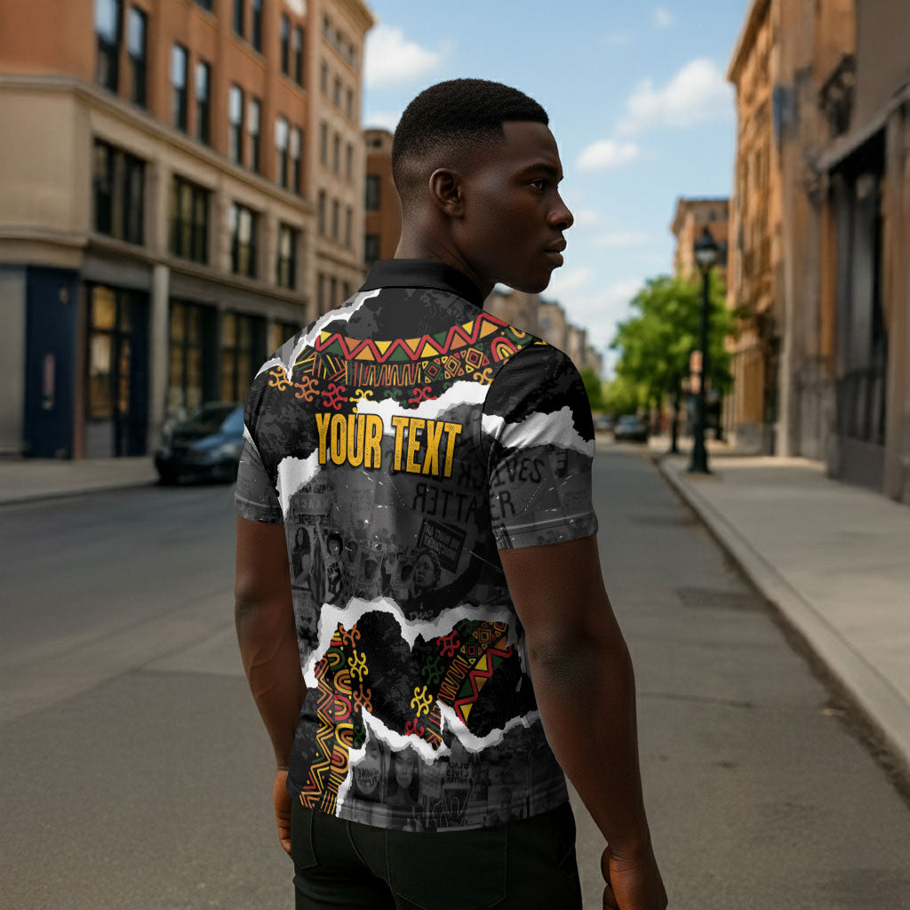Juneteenth Freedom Day Personalized Grunge Ethnic Motif Zipper Polo Shirt Black History