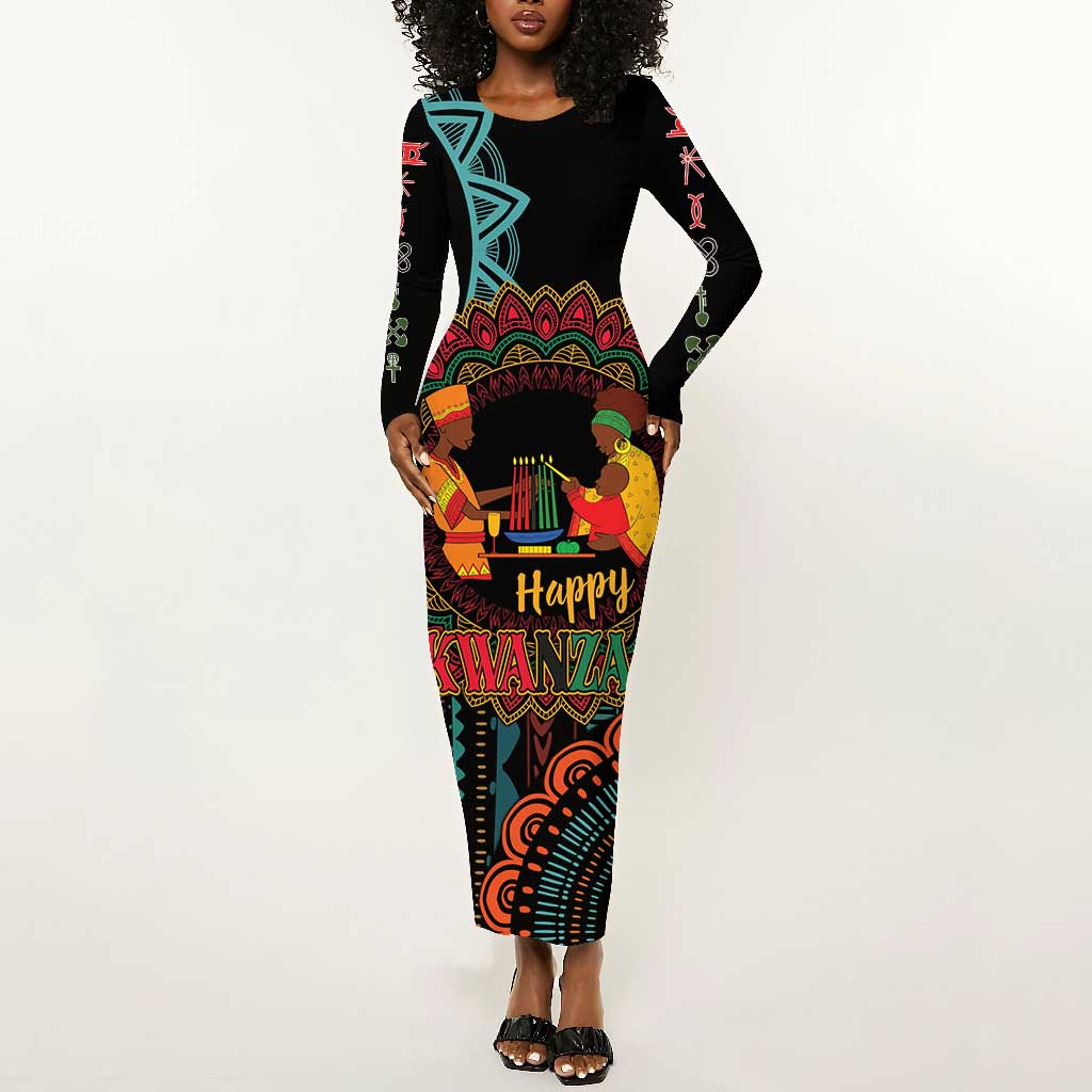 Africa Happy Kwanzaa Long Sleeve Bodycon Dress Nguzo Saba