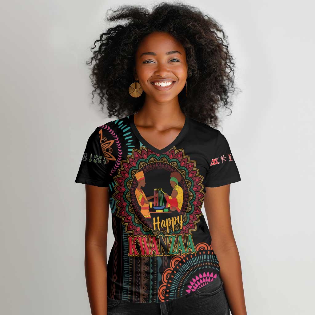 Africa Happy Kwanzaa Women V-Neck T-Shirt Nguzo Saba