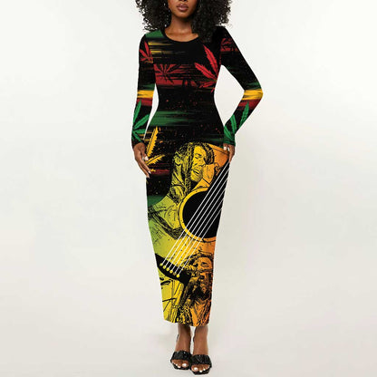Personalised Afro Reggae Long Sleeve Bodycon Dress Soul of Music Sketch Style LT7