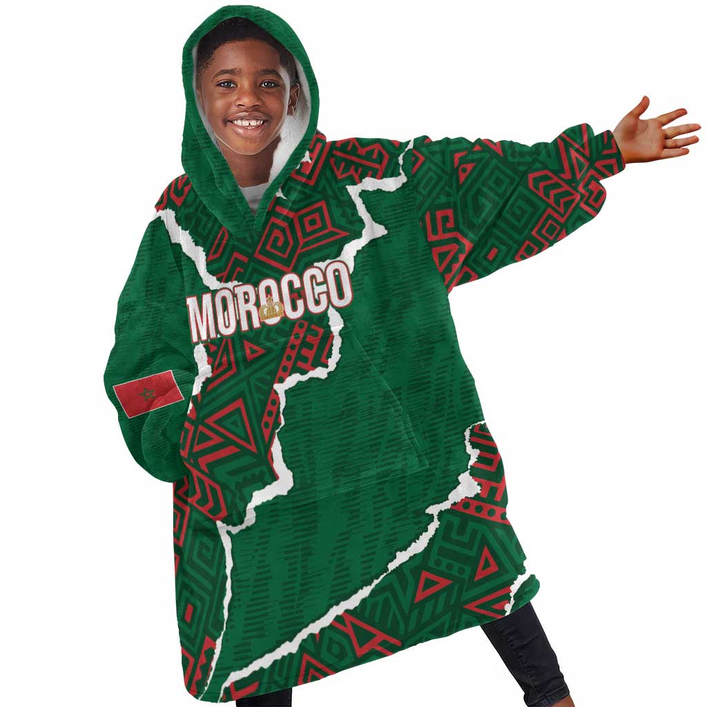 Morocco Football Custom Kid Wearable Blanket Hoodie Grunge Motifs