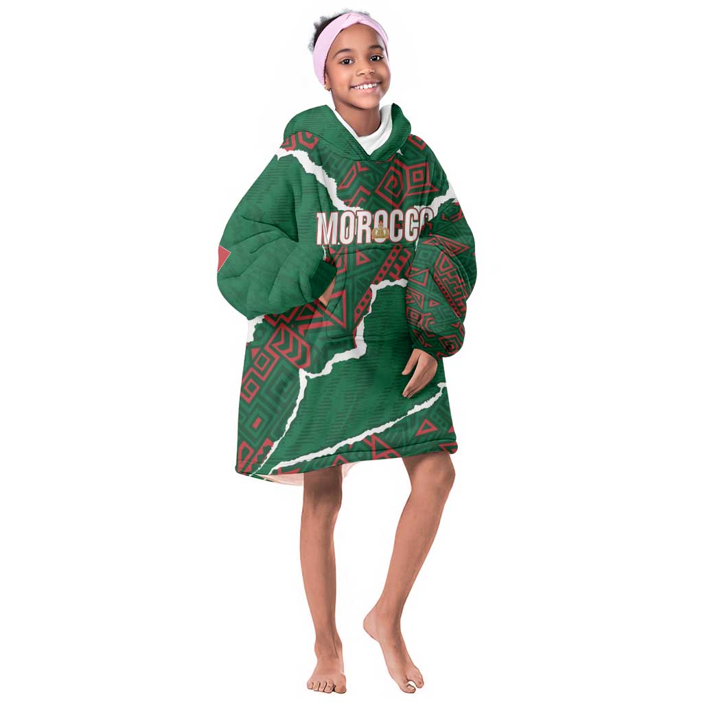 Morocco Football Custom Kid Wearable Blanket Hoodie Grunge Motifs