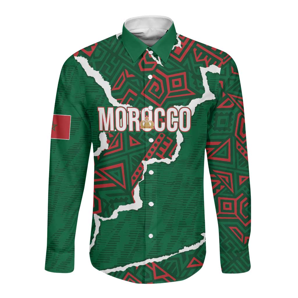 Morocco Football Custom Long Sleeve Button Shirt Grunge Motifs