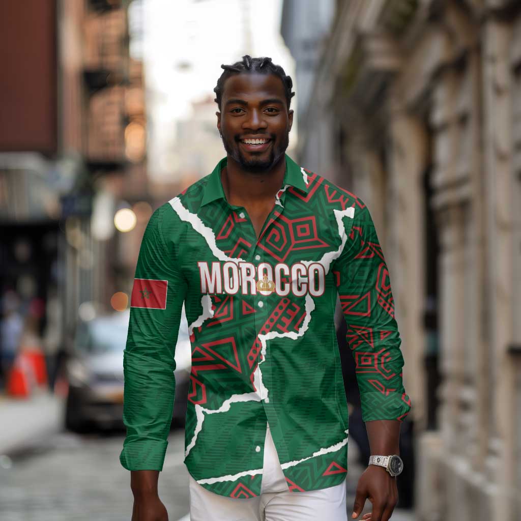 Morocco Football Custom Long Sleeve Button Shirt Grunge Motifs