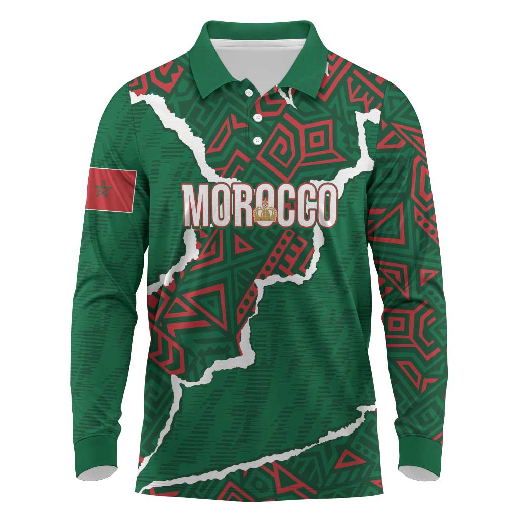 Morocco Football Custom Long Sleeve Polo Shirt Grunge Motifs