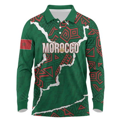 Morocco Football Custom Long Sleeve Polo Shirt Grunge Motifs