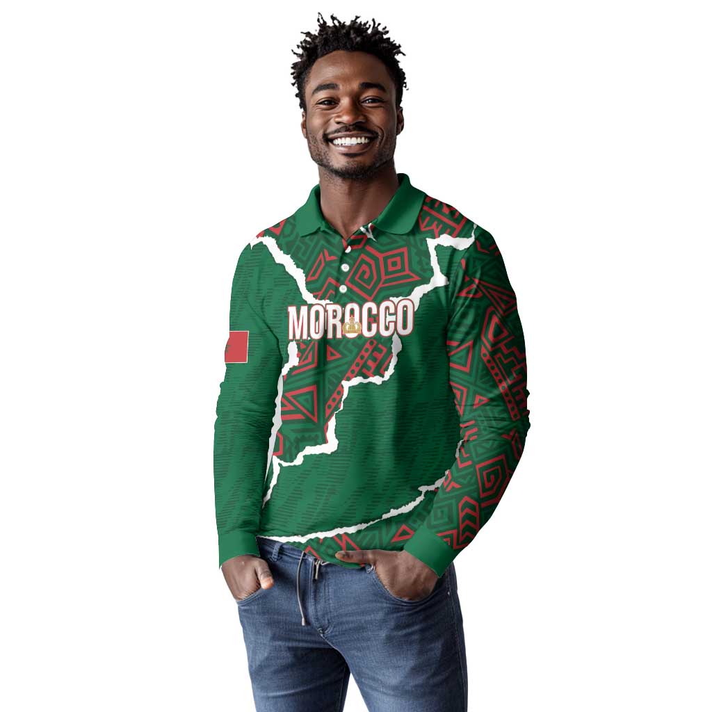 Morocco Football Custom Long Sleeve Polo Shirt Grunge Motifs