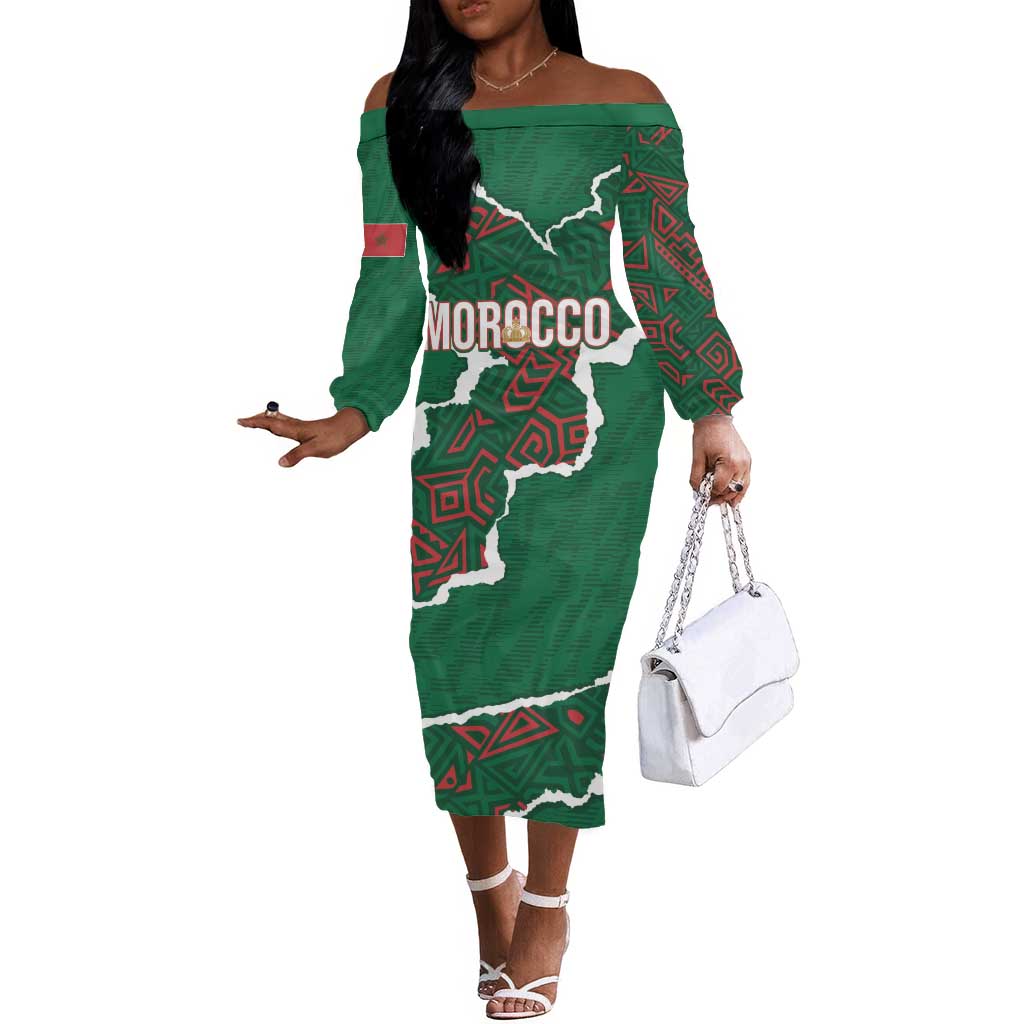 Morocco Football Custom Off The Shoulder Long Sleeve Dress Grunge Motifs
