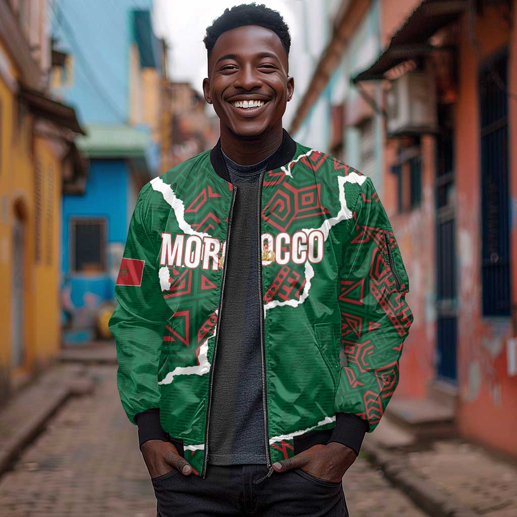 Morocco Football Custom Sleeve Zip Bomber Jacket Grunge Motifs
