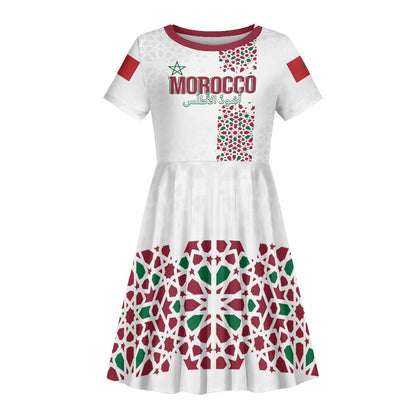 Morocco Atlas Lions Personalized Kid Short Sleeve Dress Arabesque Inspired Pattern