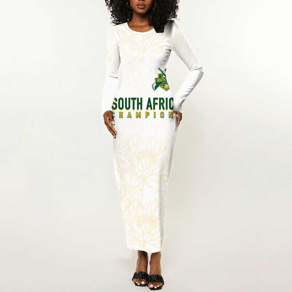 Custom South Africa Cricket Champion Long Sleeve Bodycon Dress Gold Proteas - All White - African Pride