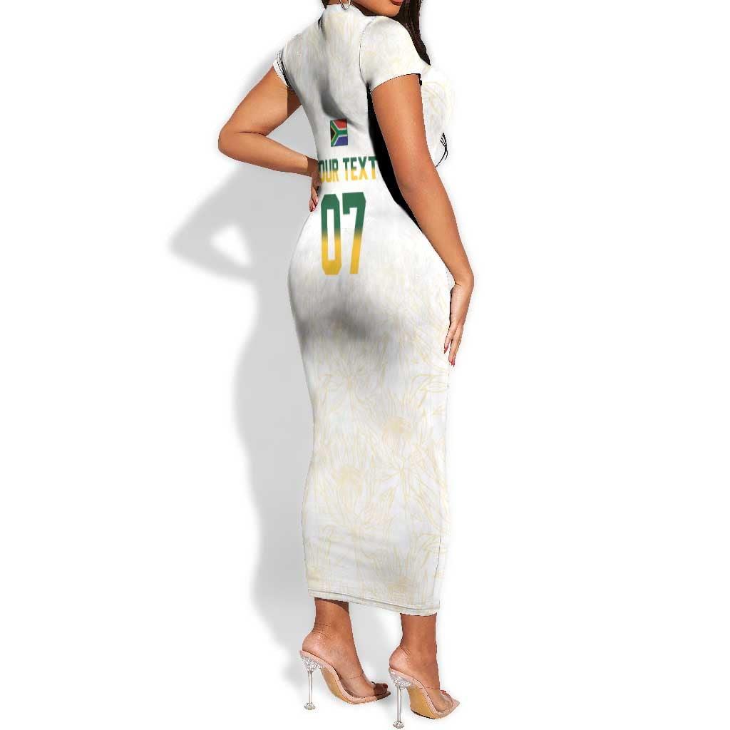 Custom South Africa Cricket Champion Short Sleeve Bodycon Dress Gold Proteas - All White - African Pride