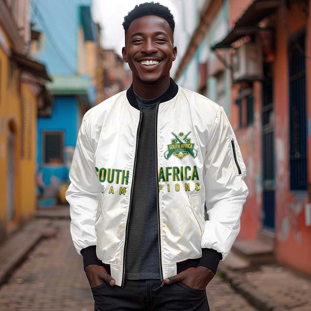 Custom South Africa Cricket Champion Sleeve Zip Bomber Jacket Gold Proteas - All White - African Pride