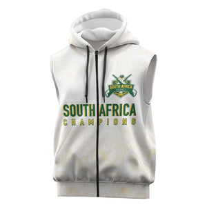 Custom South Africa Cricket Champion Sleeveless Zip Hoodie Gold Proteas - All White - African Pride