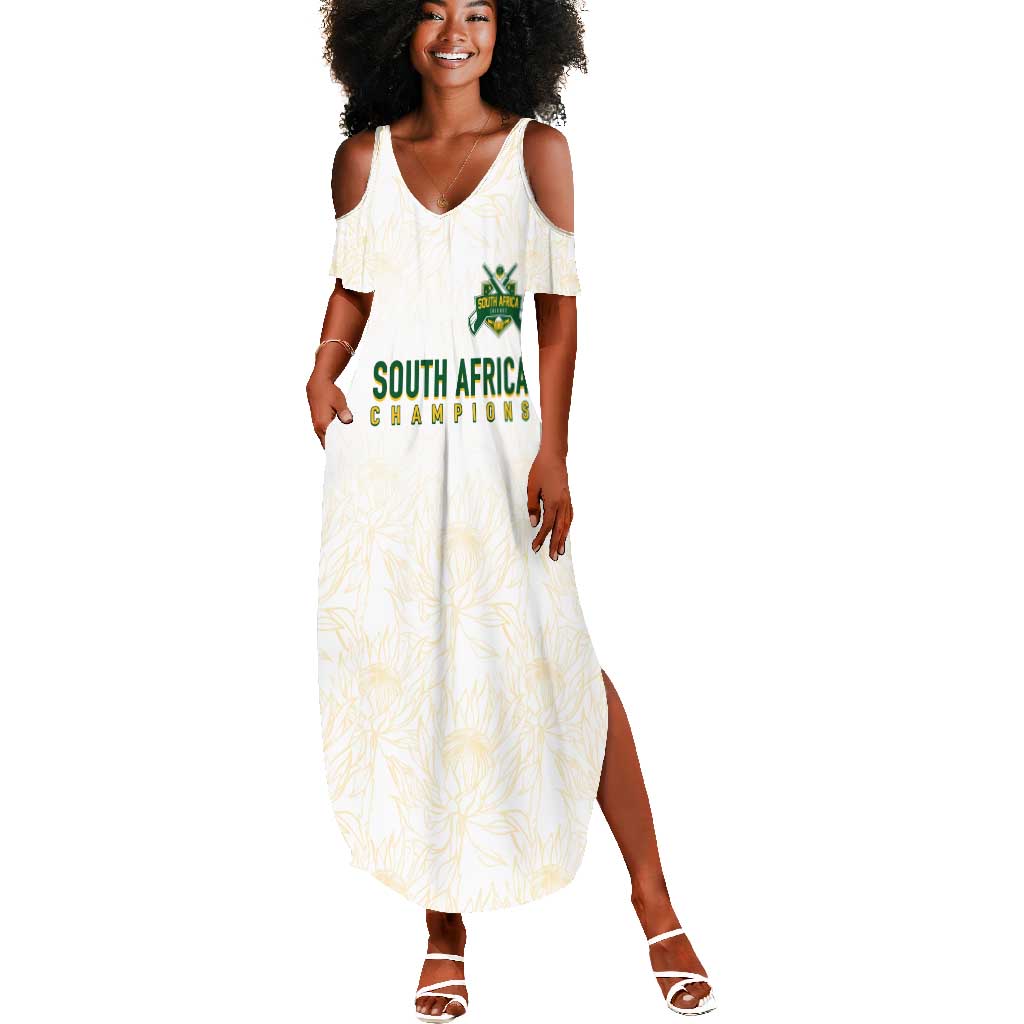 Custom South Africa Cricket Champion Summer Maxi Dress Gold Proteas - All White - African Pride