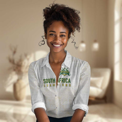 Custom South Africa Cricket Champion Women Casual Shirt Gold Proteas - All White - African Pride
