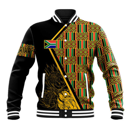 Personalised South African Heritage Day Baseball Jacket Kente Ethnic Patterns Mix Protea LT7